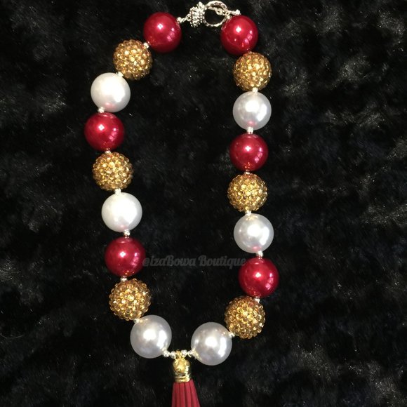 Gold Sparkle & Red Tassle Bead Necklace HAND CRAFTED
